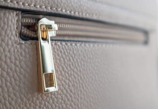 Natural or artificial leather texture. Fragment of a beige or powdery bag with a zipper and stitching. Zipper or clasp bag design element. Bovine skin texture with snake. Macro photo, selective focus