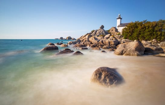 Pontusval lighthouse and coast in Kerlouan, northern Brittany, France