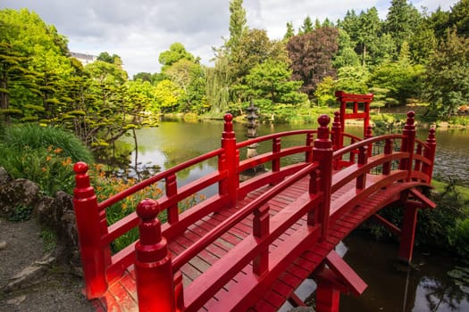 Red bridge in Japanese garden in spring