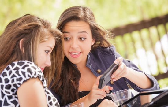 Expressive Young Adult Girlfriends Using Their Computer Electronics Outdoors