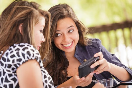 Expressive Young Adult Girlfriends Using Their Computer Electronics Outdoors