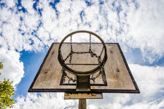 Weathered Basketball Hoop on a sunny day in summertime