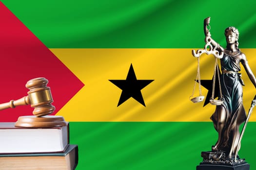 Law and justice in Sao Tome and Principe. Statue of themis and the gavel of the judge against the background of the flag of Sao Tome and Principe. Law and justice concept.