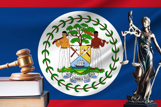 Law and justice in Belize. Statue of themis and the gavel of the judge against the background of the flag of Belize. Law and justice concept.