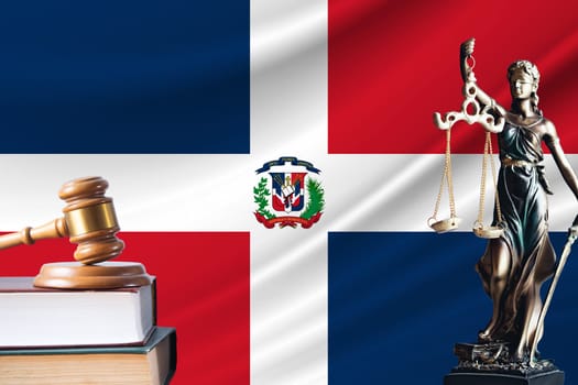 Law and justice in Dominican Republic Statue of themis and the gavel of the judge against the background of the flag of Dominican Republic