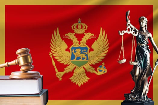 Law and justice in Montenegro. Statue of themis and the gavel of the judge against the background of the flag of Montenegro. Law and justice concept.