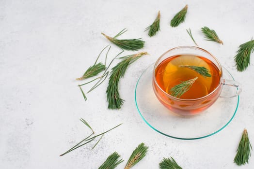 Pine needle tea in a cup on a white textured background, empty copy space for text, hot drink