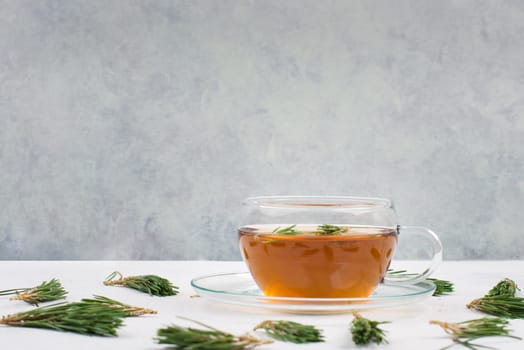Pine needle tea in a cup on a white textured background, empty copy space for text, hot drink