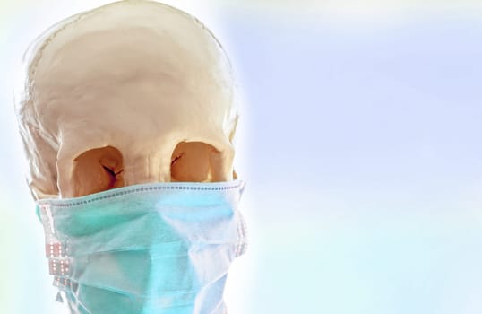 The Human skull in simple thin medical mask for protection against viral infection