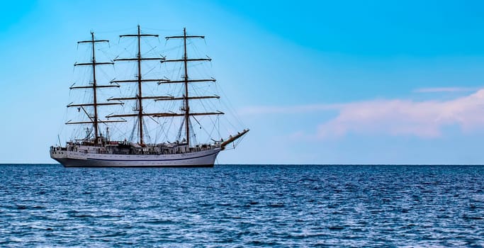The Sailing ship in the sea without sails. Selective focus
