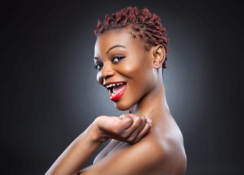 Black beauty with short spiky red hair