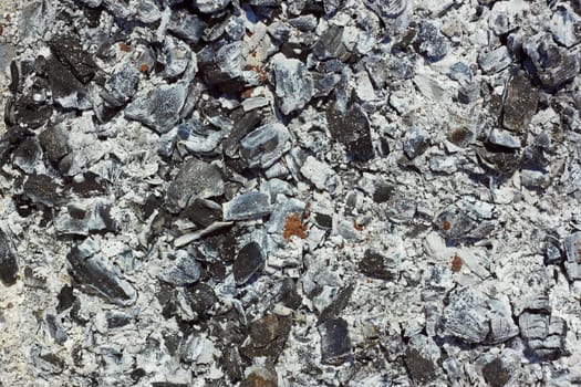Remains of wood coal and ashes after the combustion of firewood