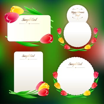 Set of Spring Greeting Cards with Tulips. In the EPS file, each element is grouped separately. Clipping paths included in additional jpg format.