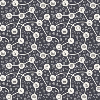Contrasty Dark Seamless Pattern with Web Icons. Editable pattern in swatches. Clipping paths included in additional jpg format.