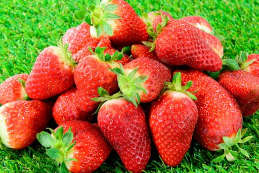 several strawberries on green grass with bright colors