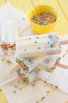 Homemade vanilla ice cream on the stem with colorful sprinkles