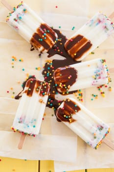Homemade vanilla ice cream on the stem with colorful sprinkles