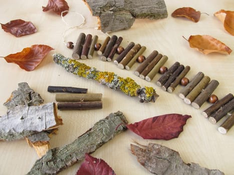 Natural materials: sticks,leaves,lichens and bark