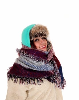 .A portrait picture of a woman with a big scarf around her neck and head,.dressed for very cold weather, isolated for white background..