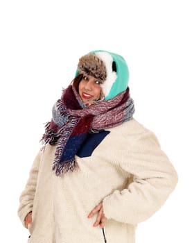 A closeup picture of a woman with a big scarf around her neck and head,.dressed for very cold weather, isolated for white background..