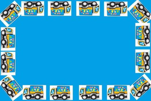 Frame of Toy cars. Ice Cream Toy Truck, blue background