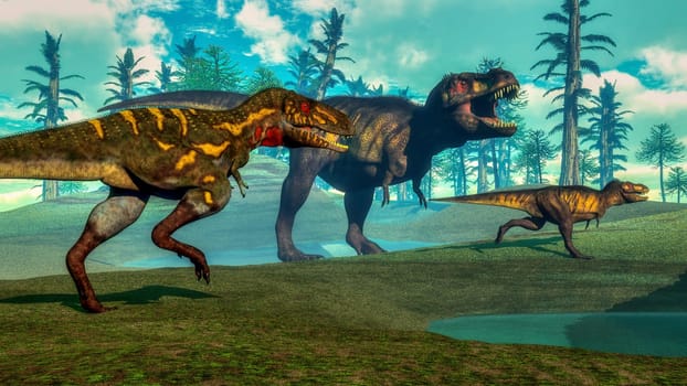 Nanotyrannus hunting small tyrannosaurus next to its parent, araucaria and tempskya trees - 3D render