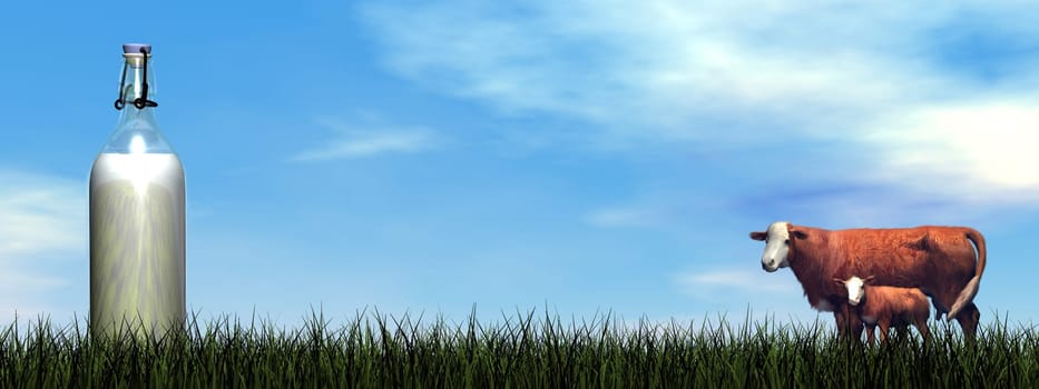 Milk bottle and cow by day - 3D render