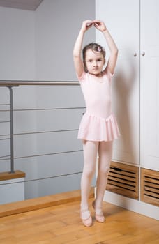 Little girl wearing a ballet dress is practicing ballet in a dance studio