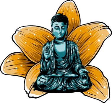Vector Buddhism icon meditating Buddha. Golden Buddha sitting on a lotus background. Illustration in flat style.