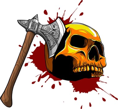 illustration of skull head murdered by ax