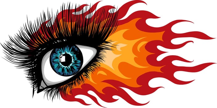 woman eye with fire and flames vector