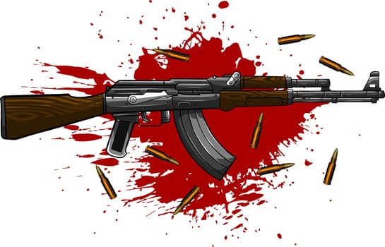 illustration of Ak-47, bullets and blood