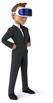 Fun 3D illustration of a cartoon businessman with a VR helmet