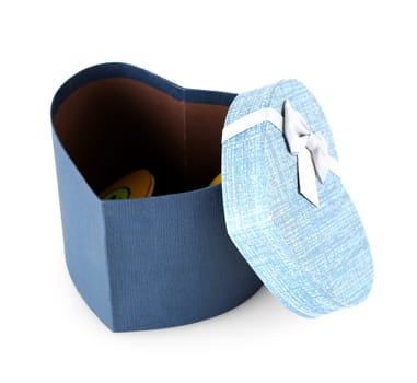 The opened  big blue gift box in the form of a heart isolated