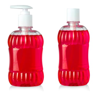 The red shower gel bottles isolated on white background