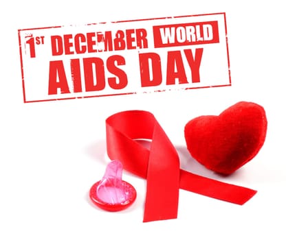 Aids ribbon, condom and heart on white background.