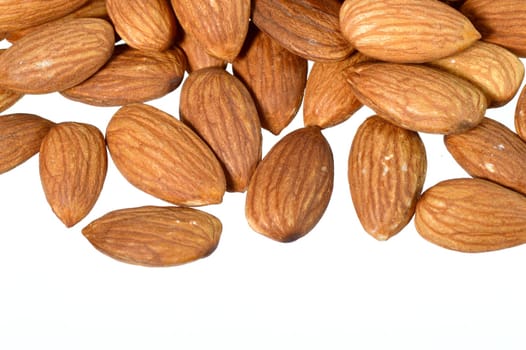 Tasty almonds nuts isolated on white background