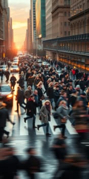 A lot of people walk along the pedestrian crossing during rush hour. High quality photo