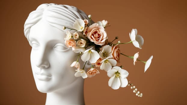 Stone statue covered with spring flowers on isolated background. High quality photo