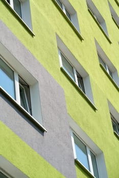 Facade of a renovated prefabricated building in the Neustadt district of Magdeburg in Germany