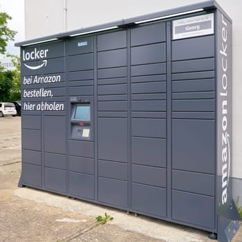 Amazon Locker Pick-up station with lockers for parcels from the mail-order company Amazon in downtown Magdeburg in Germany