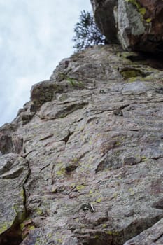Bolts fixed into a hole drilled in the rock full of lichen. Rock-climbing equipment