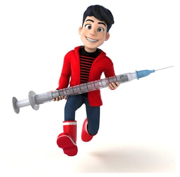 Fun 3D cartoon teenage boy with a syringe