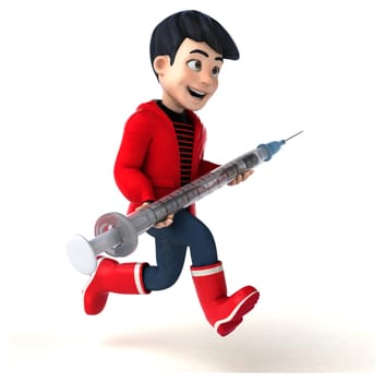 Fun 3D cartoon teenage boy with a syringe