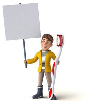 Fun 3D Illustration of a cartoon kid with rain gear