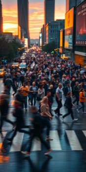 A lot of people walk along the pedestrian crossing during rush hour. High quality photo
