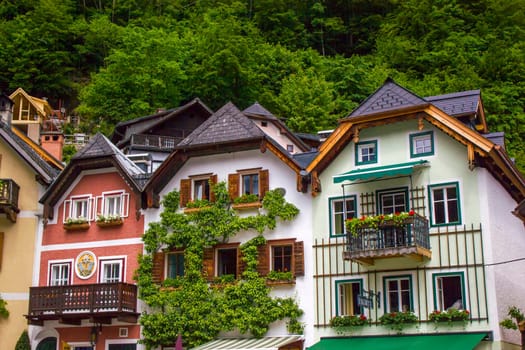 famous Hallstatt mountain village - colorful and picturesque buildings in Hallstatt, Austria