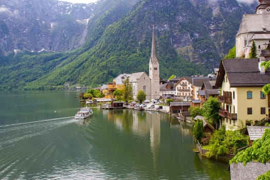 view of famous Hallstatt mountain village with Hallstatter lake See