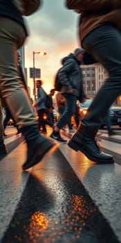 A lot of people walk along the pedestrian crossing during rush hour. High quality photo