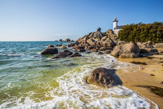 Pontusval lighthouse and the coast in Kerlouan, northern Brittany, France
